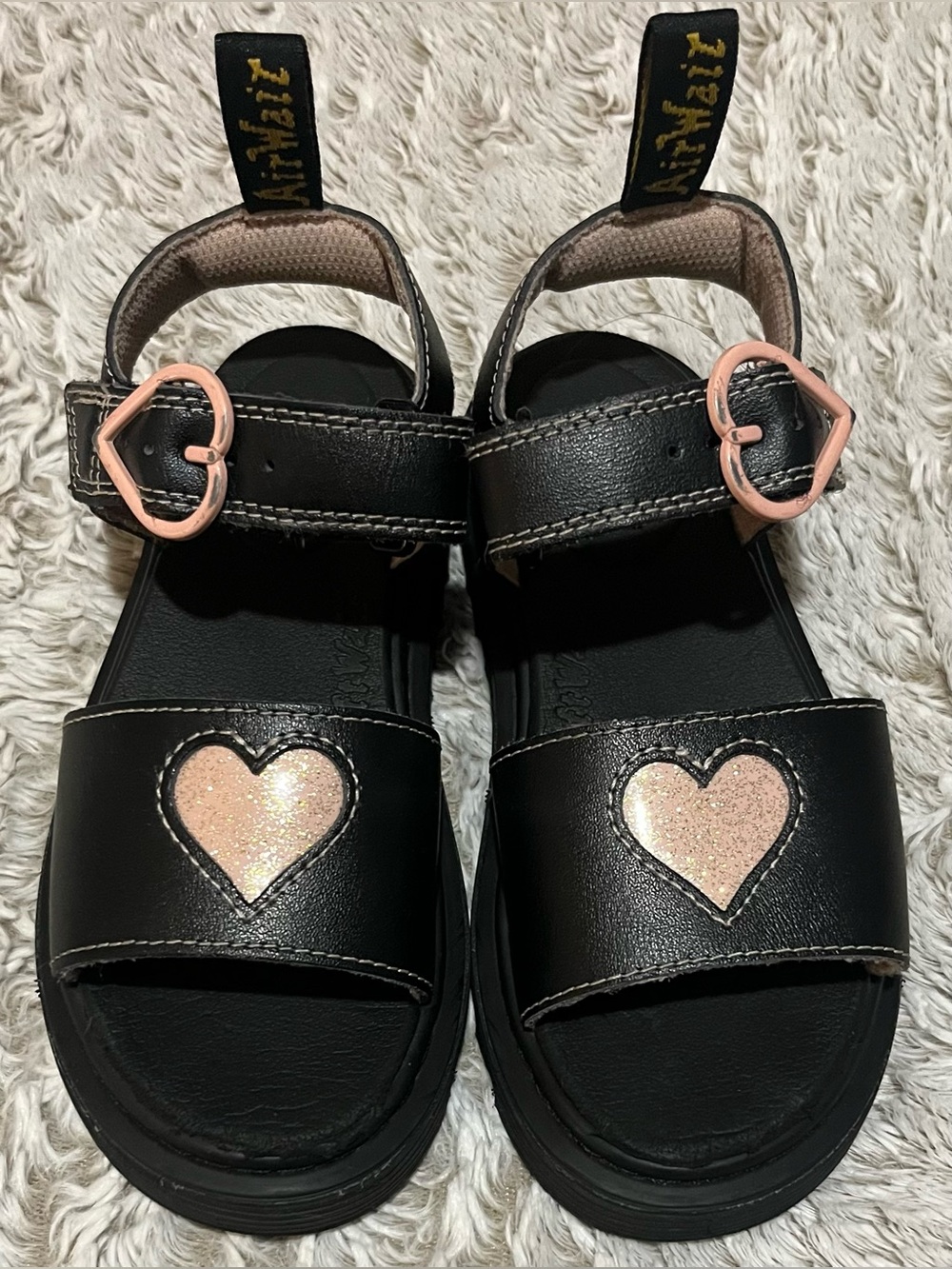 Dr. Martens Black Kids Sandals with Pink Glitter Hearts
